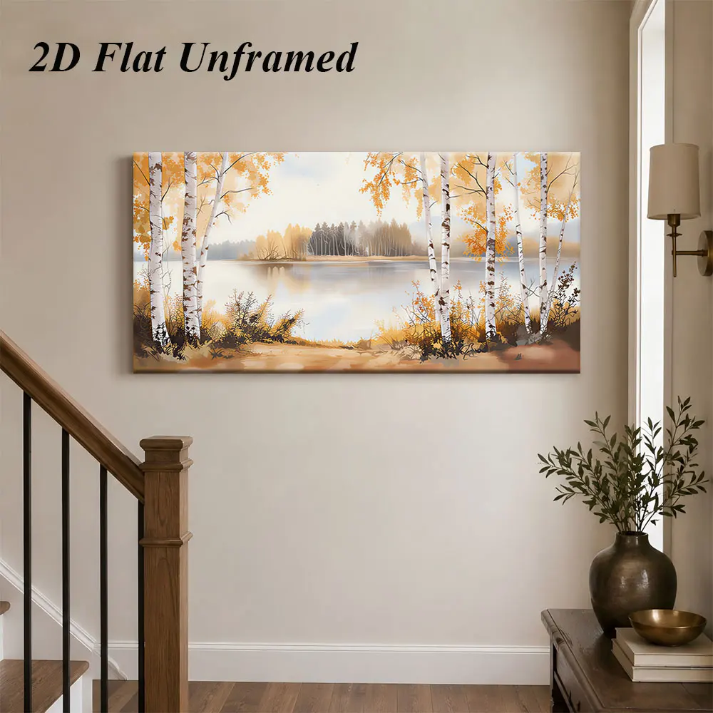 1pc (No frame),1 piece of autumn white birch forest lakeside scenery frameless decorative painting living room bedroom entrance