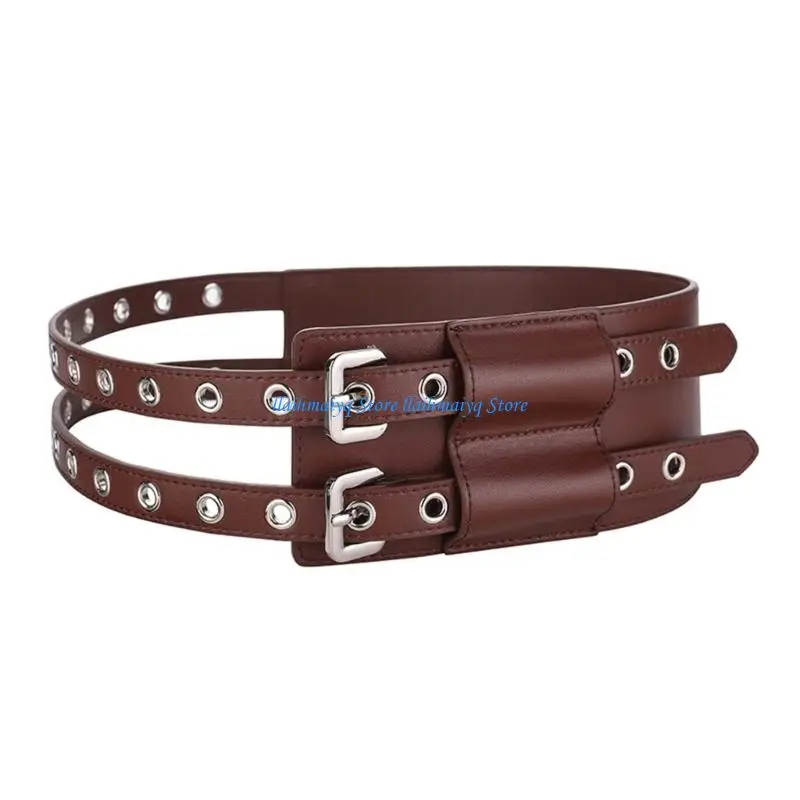 573B Cowhides Leather Waist Belt With Pin Buckles Closure Large Eyelet Corset Band for Women Dress Coat Outwear Accessories