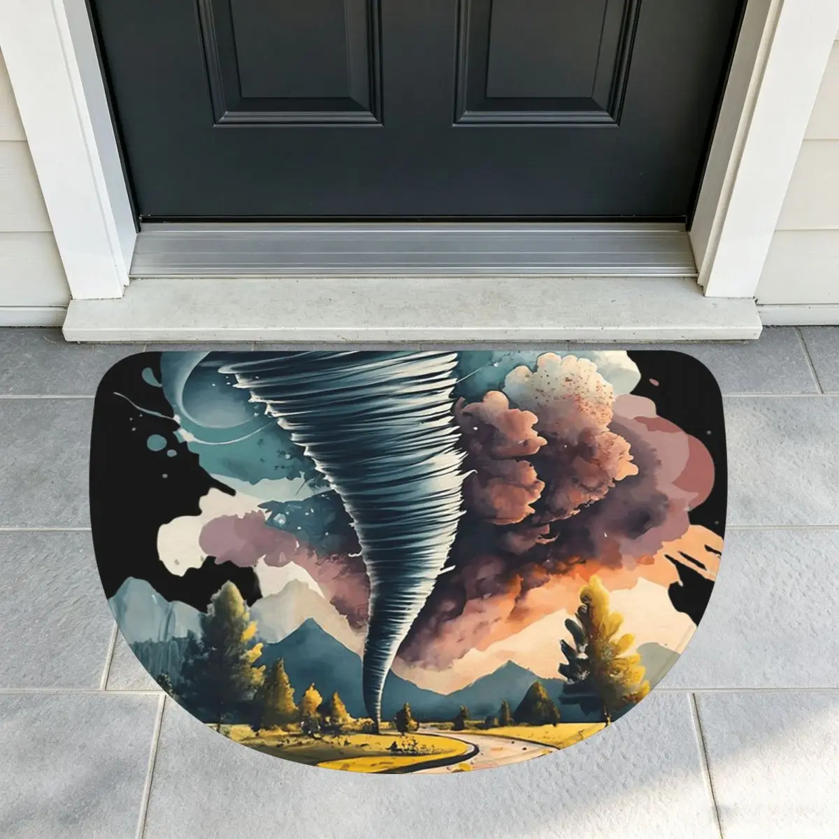 Fantasy World Tornado Apocalypse Soft Flannel Half Round Doormat Non Slip Bathroom Mat Absorbent Floor Carpet for Home Bedroom