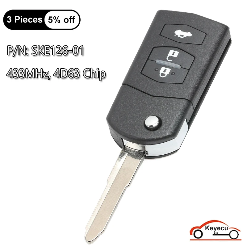 KEYECU 3 przyciski 433MHz 4D63 układu dla Mazda 2 3 5 6 MX5 RX8 CX7 2007 2008 2009 2010 Auto obrotowy pilot brelok SKE126-01