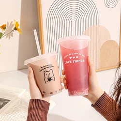 Transparent Kawaii Coffee Cup Portable Reusable Water Bottle For Juice Milk Tea Cute Plastic Cold Cups With Straw Lid