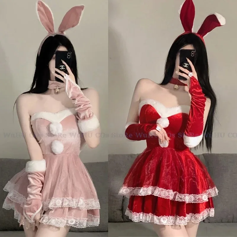 

2024 Sexy Bunny Gloves Hair Accessories Red Pink Women Girls Christmas Suit Dress Party Roleplay Costumev;2,r'6;t.