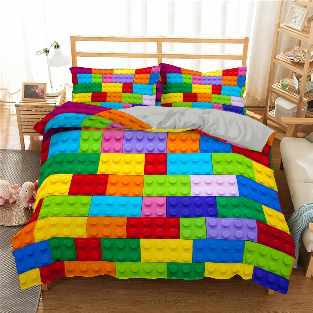 3D Building Block Pattern Duvet Cover Polyester King Queen Quilt Covers Game Bedding Set with Pillowcase Home Decor for Kids Boy