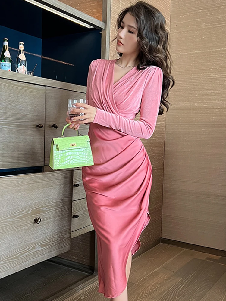 Nova primavera outono coreano elegante vestido de noite feminino cetim manga longa dobras midi festa aniversário vestido robe femme mujer vestidos