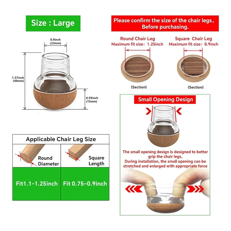 Protectores de suelo para patas de silla B17C, para suelos de madera dura con almohadillas de fieltro, cubiertas para proteger muebles de madera, taza para pies, 24 Uds.