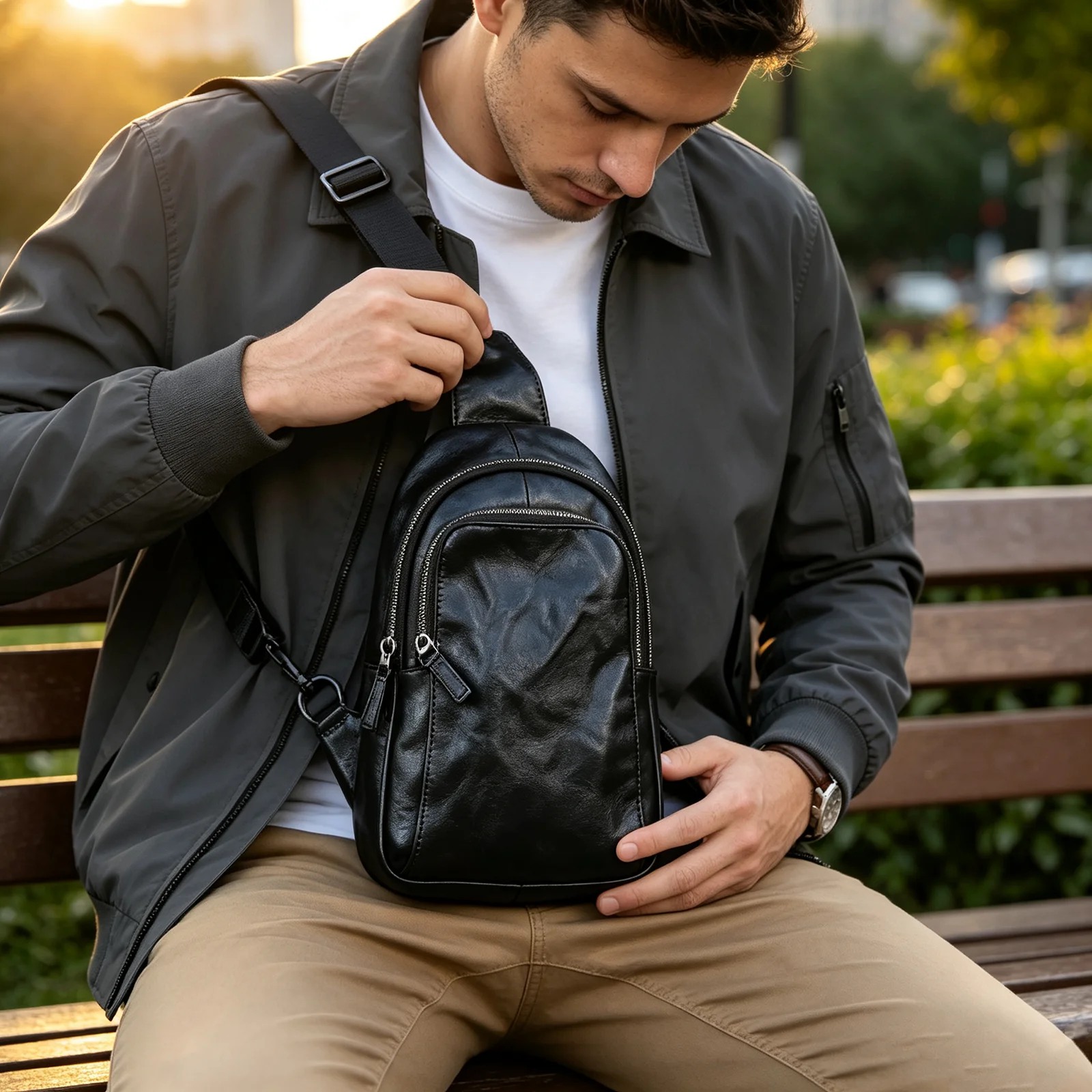 Echte Leder-Brusttasche für Herren, Casual-Umhängetasche aus Rindsleder, Modische Handyhülle, Pflanzlich gegerbtes Leder, Mini-Modell – Detail 3