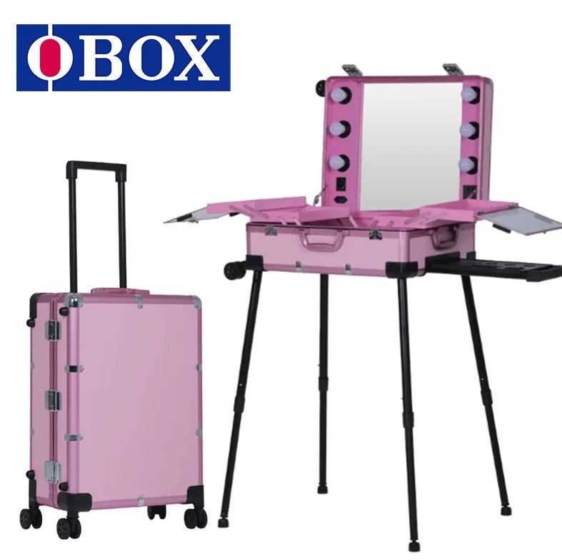 OBox Fashionable Train Case With Hidden Stands And Lighted Mirror Hot Sales Black Makeup Case Cosmetic Box