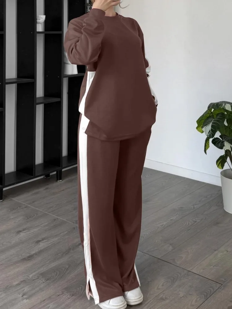 

Lwoman 2 Piece Set Outfit Casual Long Sleeves Tops Trousers Color-blocking Two-piece Set Comfortable Simple Style Commuting Chic