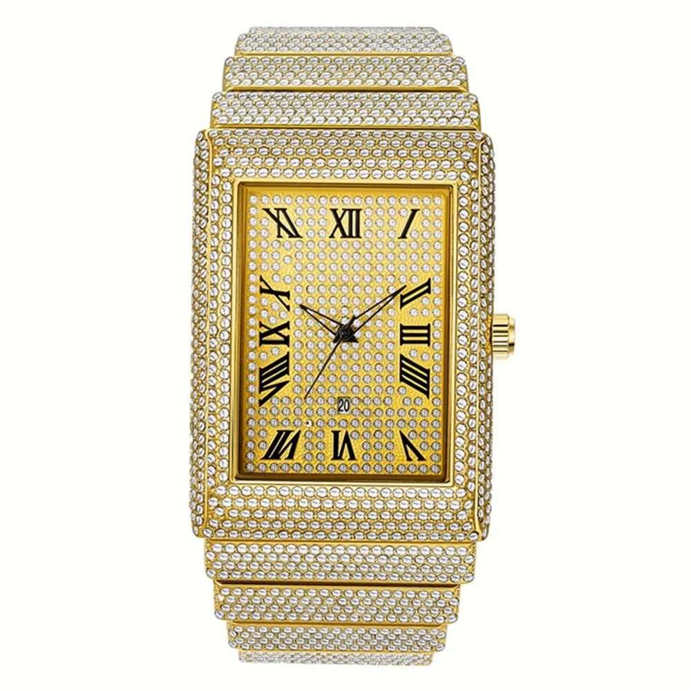 

Luxury Square Gold Starry Sky Bling Hop Iced Out Watch Quartz Date Fully Diamond Watches Men Wrist