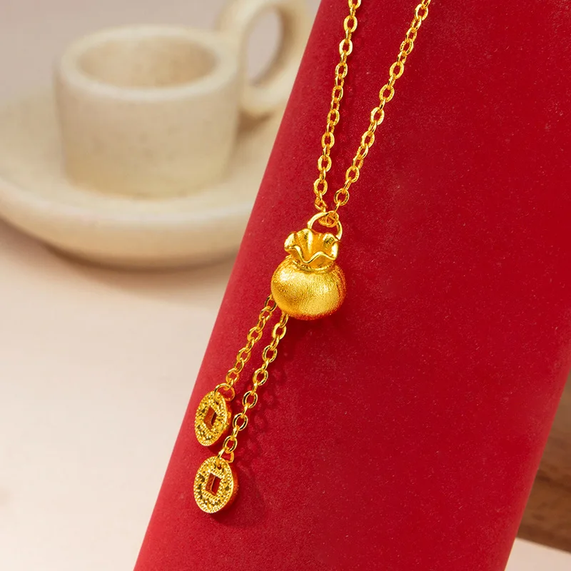 9999 gold coin lucky charm necklace with hollowed-out lucky character money bag pendant with elegant style
