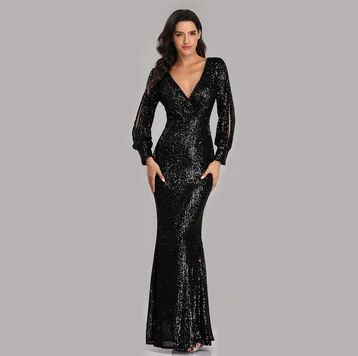 Ladies Party Evening Dress Long Sleeve V Neck Sequin Mermaid Group Evening Dress Female Personalized Sleeve Design Stage Catwalk