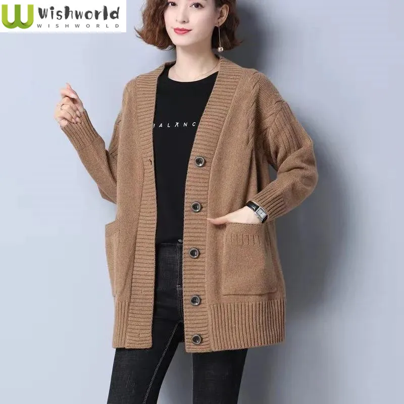 Knitted cardigan women\'s mid length westernized top autumn and winter new Korean version loose sweater age reducing jacket women