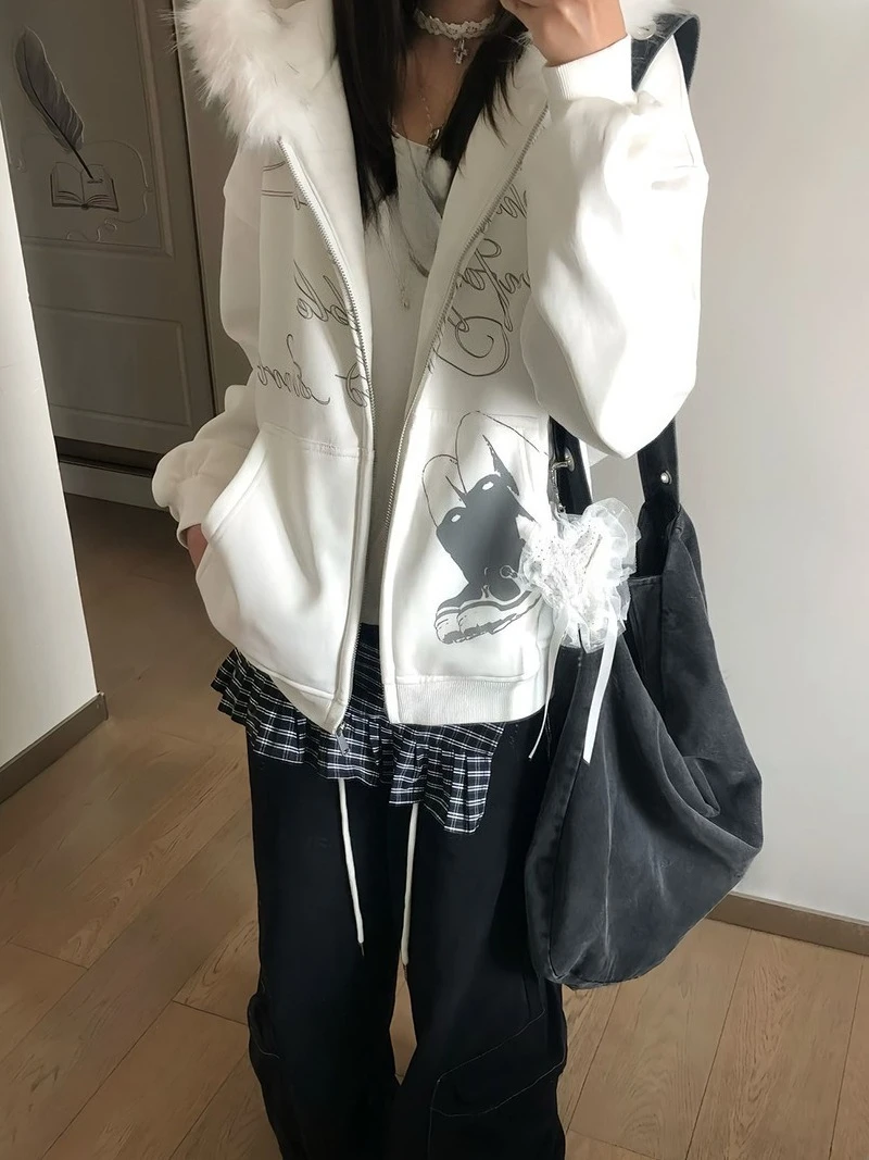 الأمريكية خمر طويلة الأكمام مقنعين فو الفراء المرأة عادية طباعة Kawaii Y2K ريترو الشارع الشهير ثقافة فرعية Harajuku الخريف القمم #4