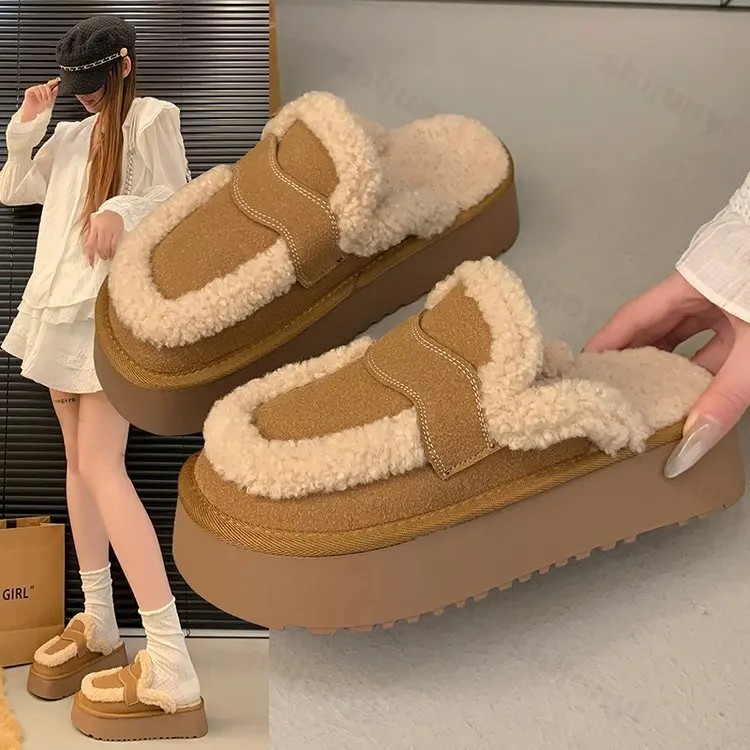 Winter Women Designer Fur Slippers Warm Boots Platform Flip Flops 2024 New Short Plush Flats Home Cotton Shoe Ladies Suede Mules