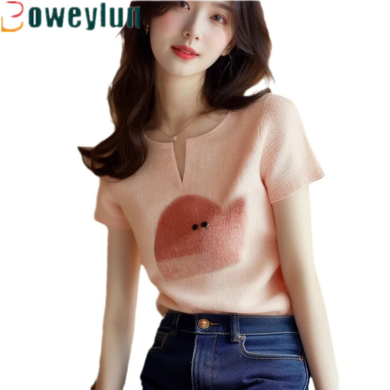 Boweylun Summer Pink Short-Sleeve Knit Women Printed Casual Positive Shoulder T-Shirt Tops Girls