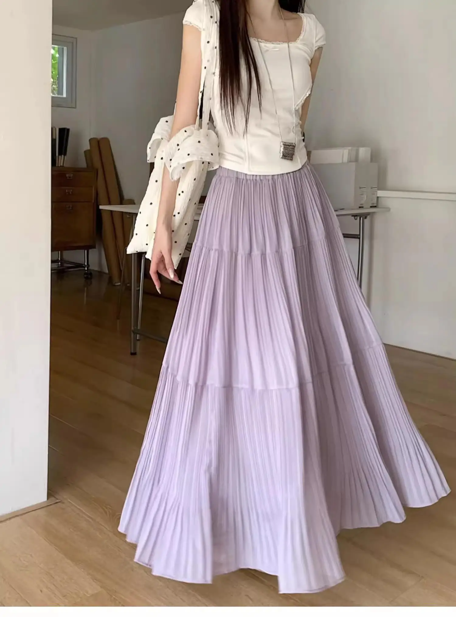

2025 Maxi Skirt Women Elastic Waist Pleated Long Skirt Casual Solid Chiffon Ruffled Cake Skirts Big Swing Skirt half fairy Skirt