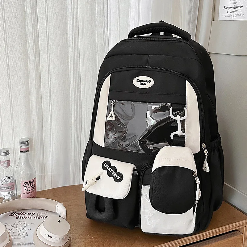 Sweet Contrast Splicing Japanese Backpack Decorative Badge Large Capacity Student Bag for Girls Middle High School Daily Use