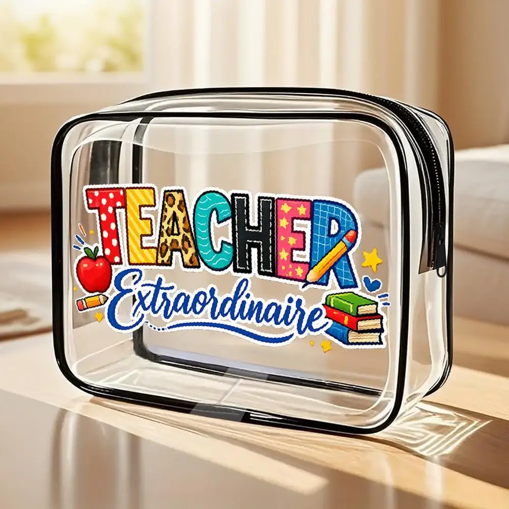 Toiletry Bag Colorful Teacher Lettering Clear Cosmetic Bag Playful Vibrant Design With Apple Stacked Book Accents Zippered Por