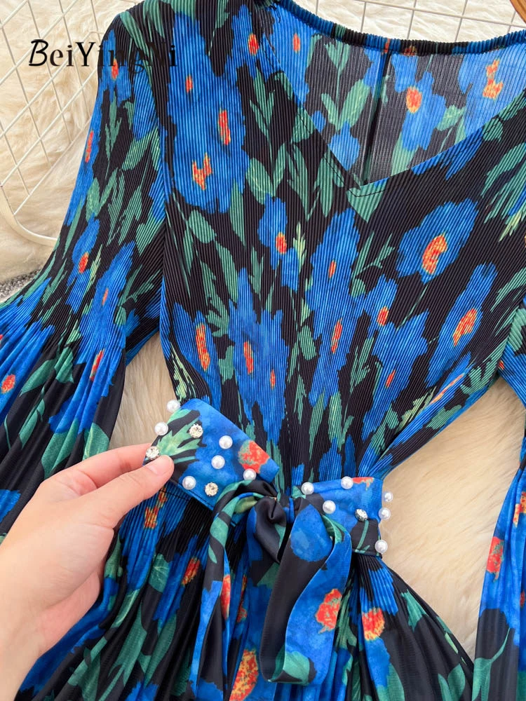 Beiyingni Lente Zomer Vakantie Maxi Jurk Vrouwen Bloemen Gedrukt Vrouwelijke Flare Mouw Geplooide Lange Mouw Jurken Pendelen Senior