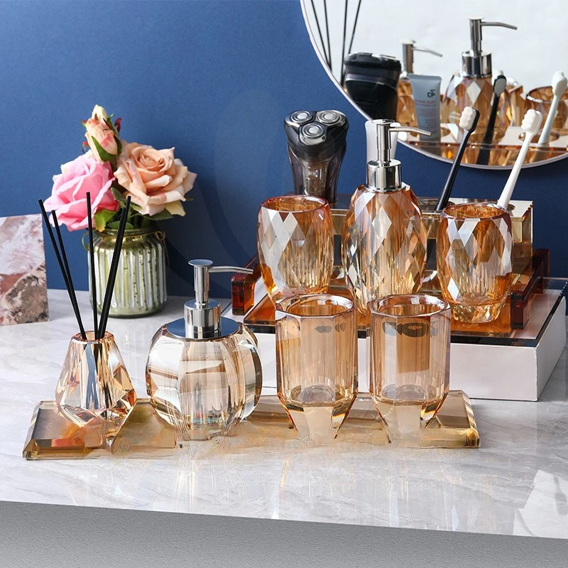 Soft Bathroom Wash Set, Crystal Hand Sanitizer Bottle, Mouthwash Cup, Toothbrush Holder, Soap Box, Cotton Swab Box.