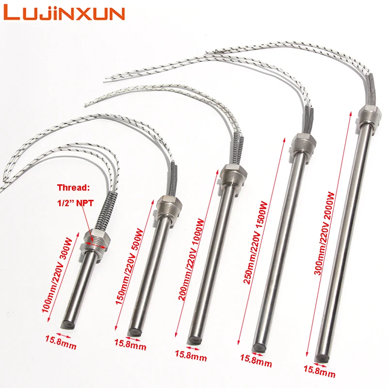 LUJINXUN 1/2'' NPT Thread Cartridge Heating Element 21mm Cartridges Water Heater Hot Rod Resistance 220V 300W 500W 1KW 2KW 1pc