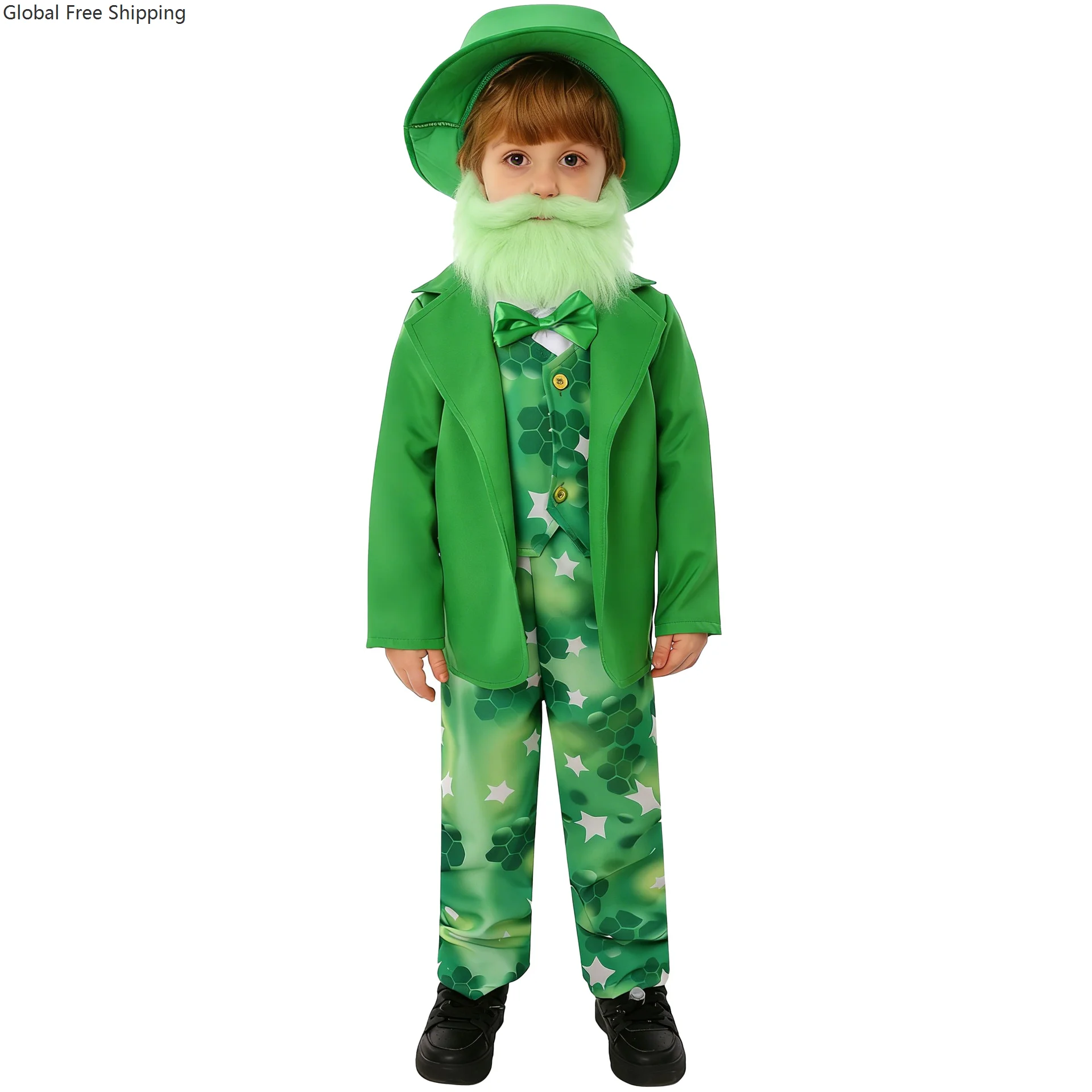 Irish St. Patrick's Day Children's Cosplay Costume Green Printed Coat Suit Boys' Stage Performance School Festival Carnival Set