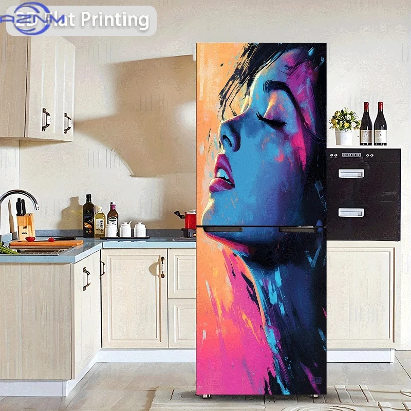 of Refrigerator Sticker Measuring 60X180 Cm Featuring a Dreamy Colored Profile of a Woman, Self-Adhesive Wall Decor Suitable f