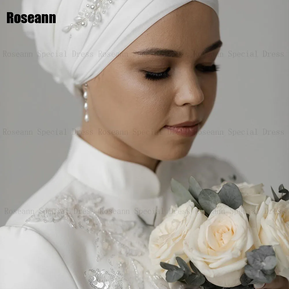 Customized Muslim 2025 New Ivory A-line Wedding Dresses High Collar Applique Lace Full Brush Train Bride Dress robe de mariée