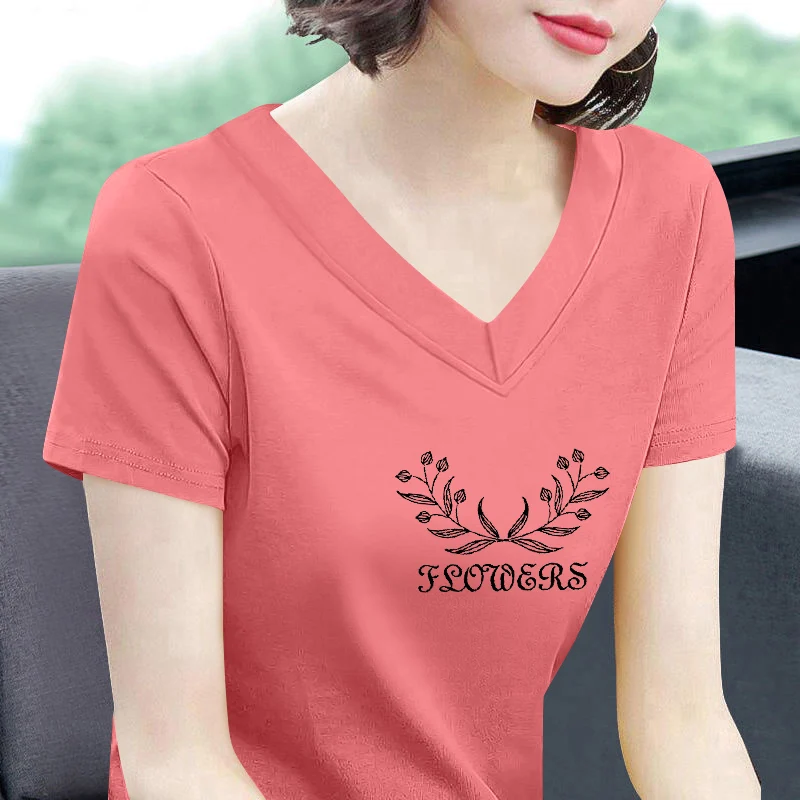 

Pure Cotton V-Ne Women's ort Sve T-irt Summer New Loose Slimming Chien Heart Airy Top Mothers Midlife Faion