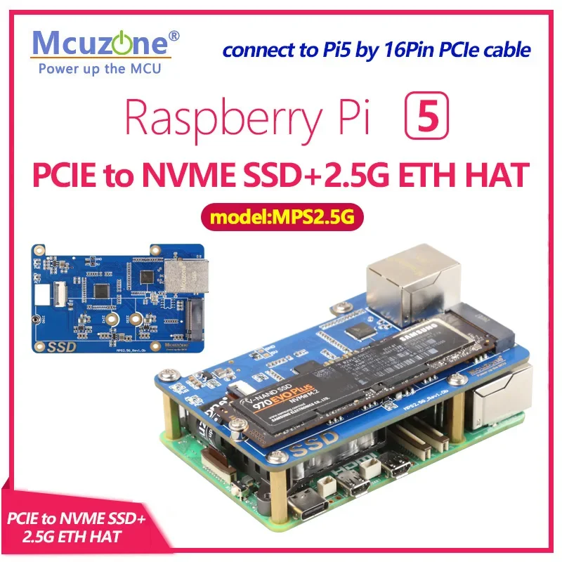 

(MPS2.5G)Raspberry Pi 5 PCIE to NVME SSD + 2,5G ETH HAT RTL8125, поддержка RPi OS,ubuntu, 2280,2242,2230 Размер SSD