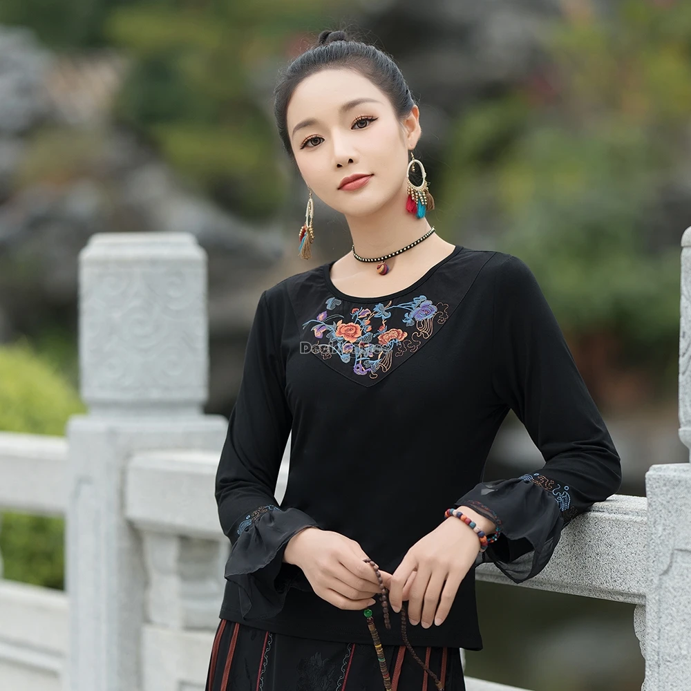 2025 autumn new chinese vintage ethnic style round collar long sleeve applique embroidered modal flared sleeve t-shirt top t001