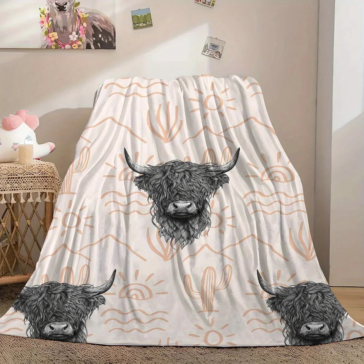 Contemporary Highland Cow Print Throw Blanket Soft Cozy All Season Blanket for Sofa Bed Office Camping Travel Home Decor Gifts