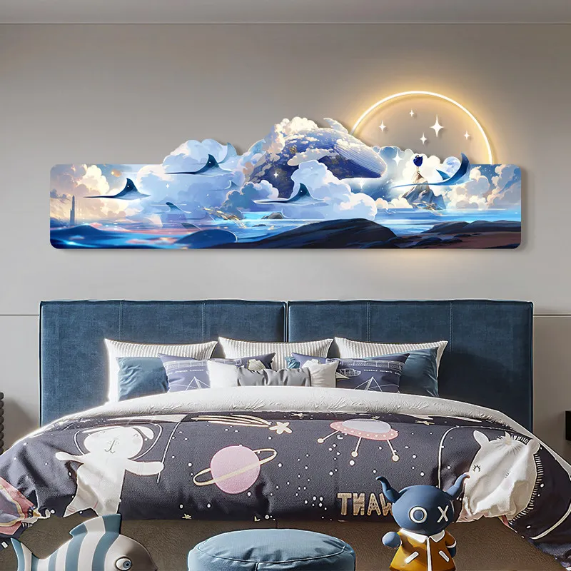 Children's Room Bedroom Sea Whale Horizontal Hanging Painting Master Bedroom Bedhead with Light Luminous Mural