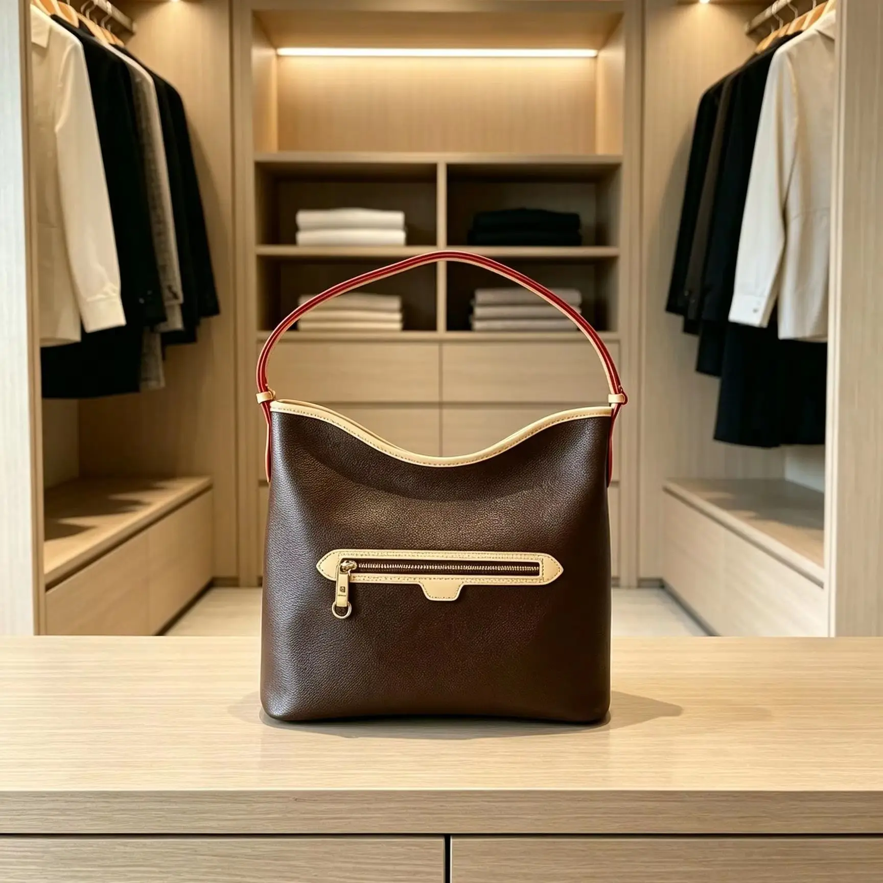 Dark Brown Color Contrast Leather Hobo Bag Vintage Front Zipper Pocket Large Capacity Shoulder Handbag