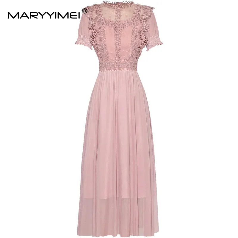 

MARYYIMEI Spring Summer Women's Short Sleeve High Waiste Mesh Lace Splicing Streetwear Pink Midi Dresses