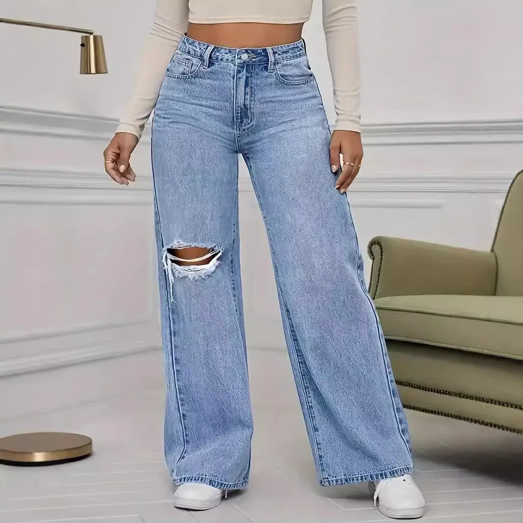 Washed Personality Hole Loose High Waist Denim Wide-leg Pants,Women's Four Seasons New Classic Fashion Casual Floor-length Jeans