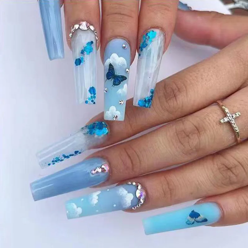 24pcs Long Ballerina False Nails Blue Butterfly Design Fake Manicure Full Coverage Removable Press on Nails with  Accessories