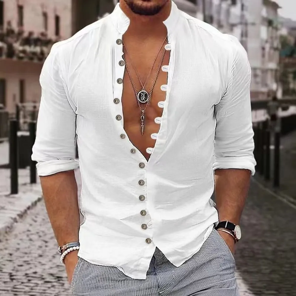 Camicia casual da uomo primaverile ed estiva Moda retrò 2025 Canapa Multi-bottone Stand Abbigliamento da uomo musulmano Cardigan a maniche lunghe da strada