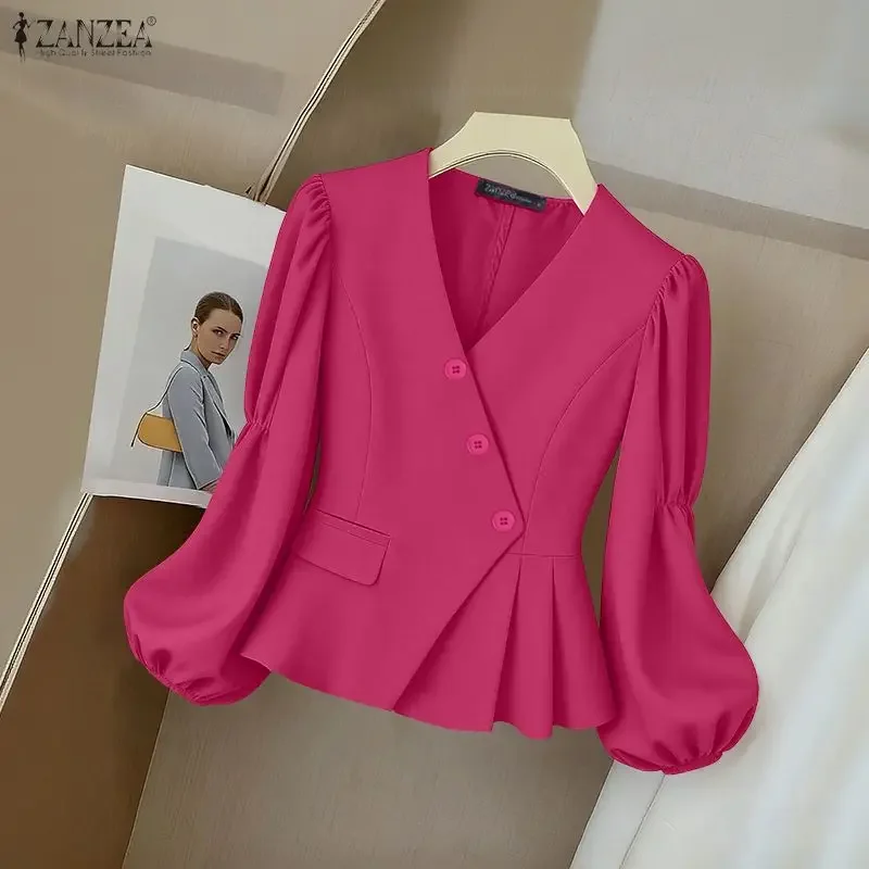

ZANZEA Fashion Coats Elegant Office Lady Blazer Women Long Puff Sleeve V-Neck Casual 2026 Autumn Buttons Solid Female Overcoats