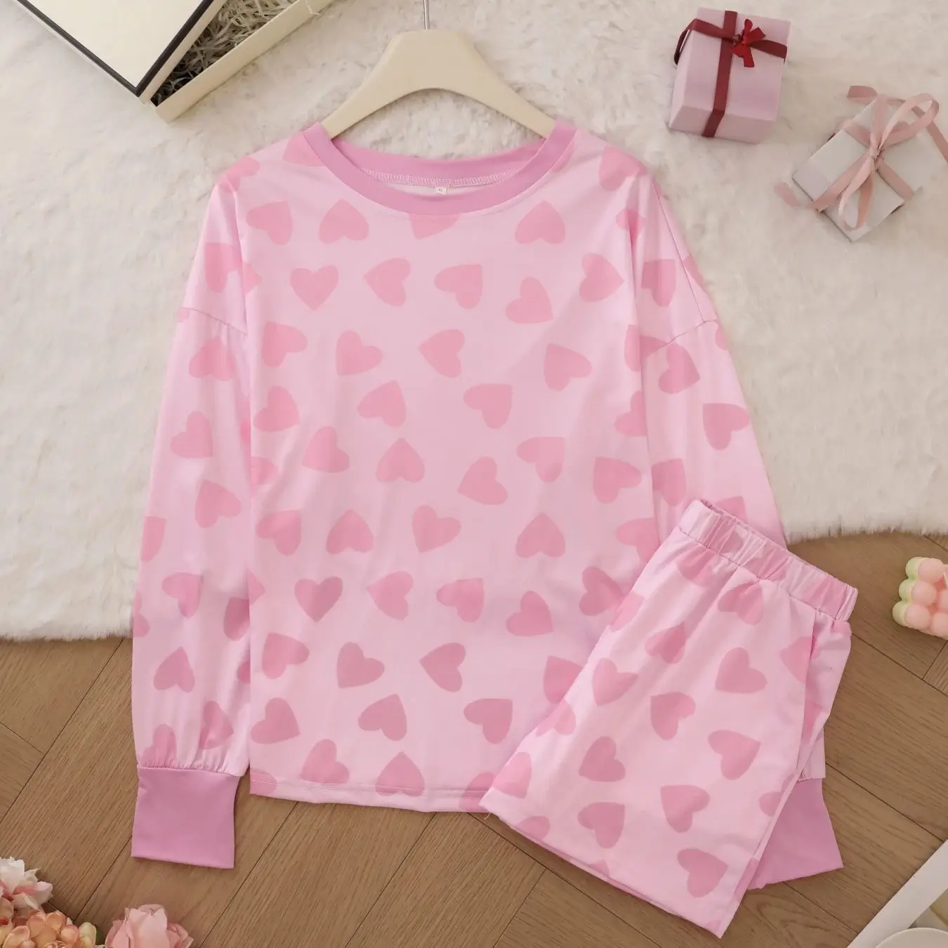 

Princess style pink heart element sleepwear, spring and autumn loose long sleeved+leg binding pants, skin friendly soft and stic
