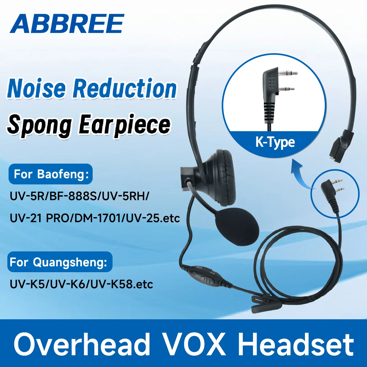 ABBREE 2Pin K Plug Walkie Talkie Overhead Headset PTT/VOX Mic dla Baofeng UV-5R/UV-21 PRO UV-5RH Quansheng UV-K5 UVK6