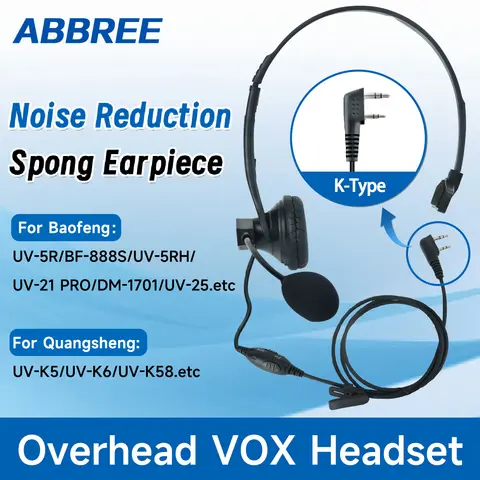 ABBREE 2Pin K 플러그 워키 토키 오버 헤드 헤드셋 PTT/VOX 마이크 Baofeng UV-5R/UV-21 PRO UV-5RH Quansheng UV-K5 UVK6 Best5 ABBREE 2Pin K 플러그 워키 토키 오버 헤드 헤드셋 PTT/VOX 마이크 Baofeng UV-5R/UV-21 PRO UV-5RH Quansheng UV-K5 UVK6 Best5