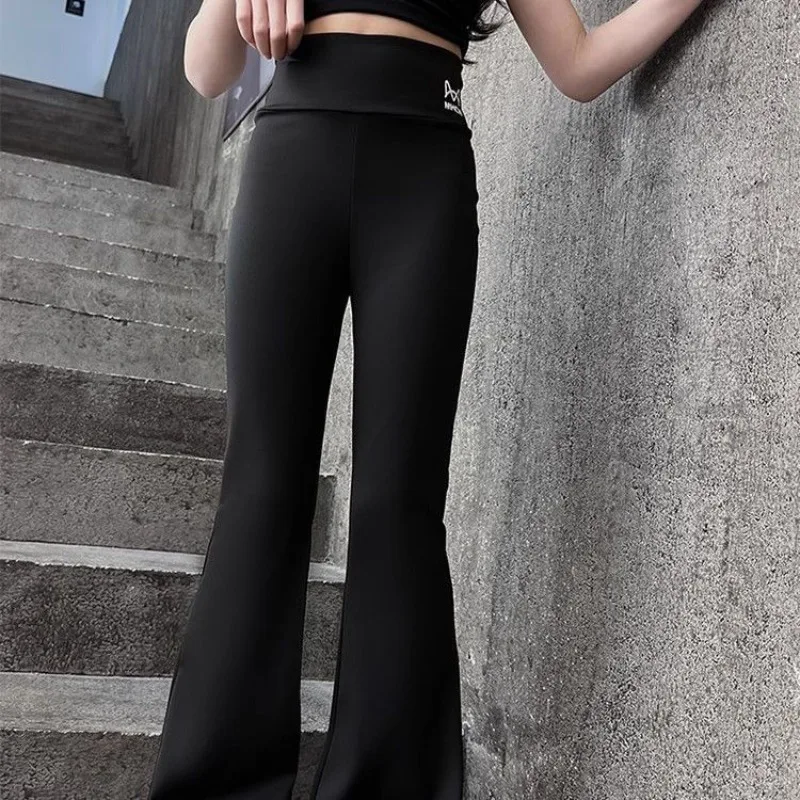 Kids Girls Autumn Winter Shark Leggings Fleece-Lined Yoga Pants Micro Flare Pants Black Slim Fit Thermal Trousers
