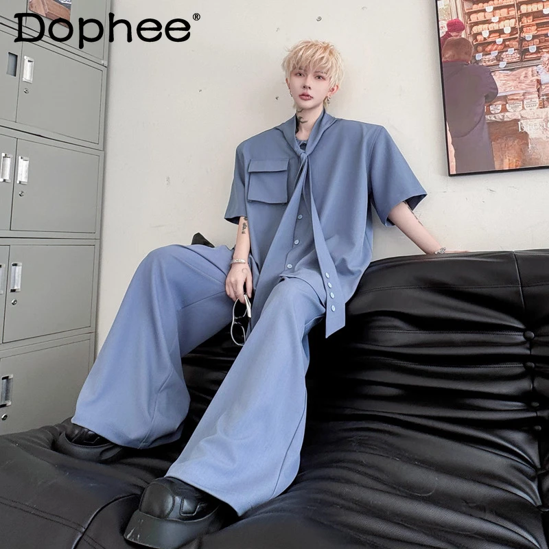 

2025 Men's Summer New High-End 2pcs Trendy Two-Piece Sets Tie Decoration Short Sleeve Shirts Solid Color Wide-Leg Trousers Sets