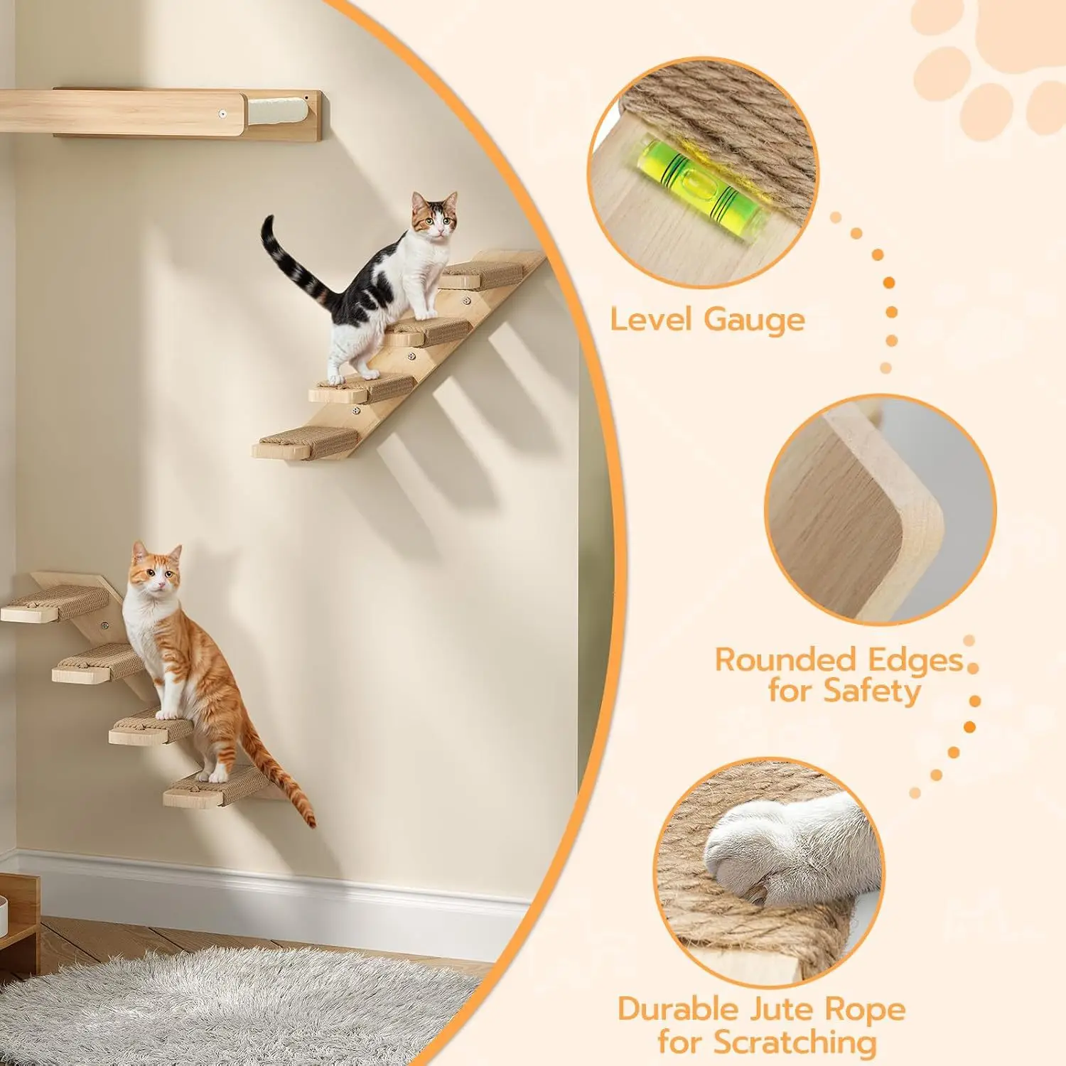 Wall-Mounted Cat Climbing Ladder, Strong and Wear-Resistant Hemp Rope Wooden Cat Climbing Toy Climbing Frame Multi-Layer Ladder