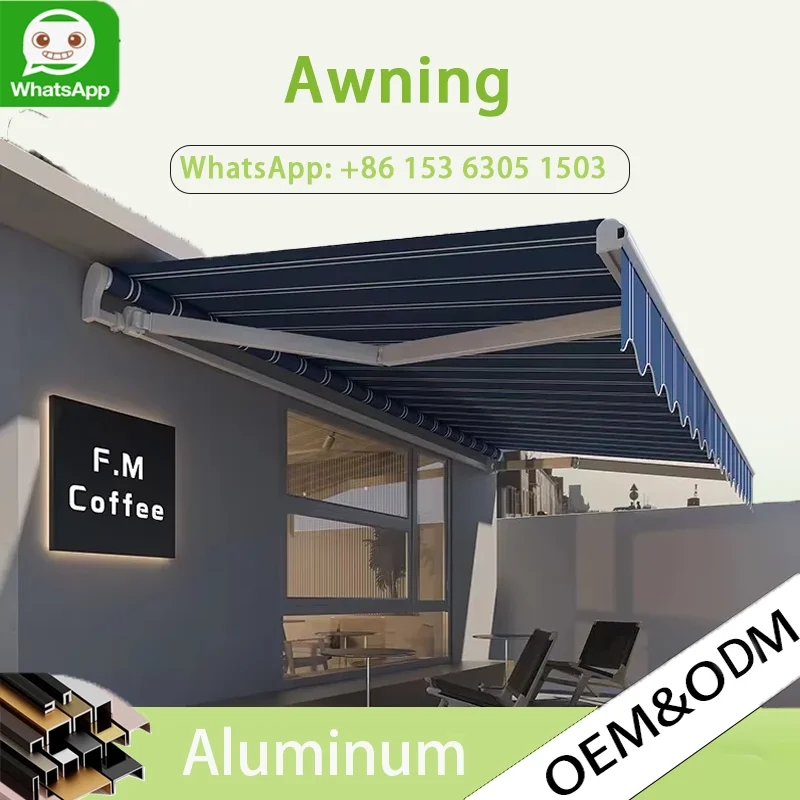 OneAlu Outdoor Sunshade Awning - Manual Retractable Hand-Crank Foldable, Durable Commercial for Coffee Shop & Café Patio