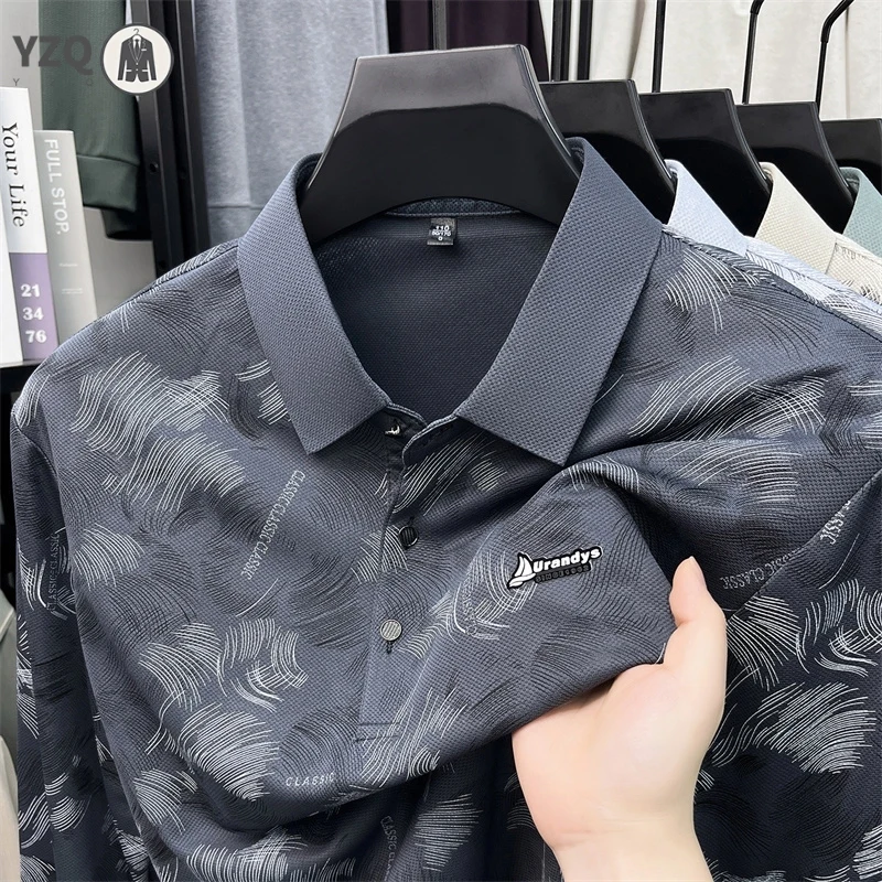 Mens Abstract Print Polo Short Sleeve Turn Collar Button Closure Light Mesh Fabric Daily Leisure Tops