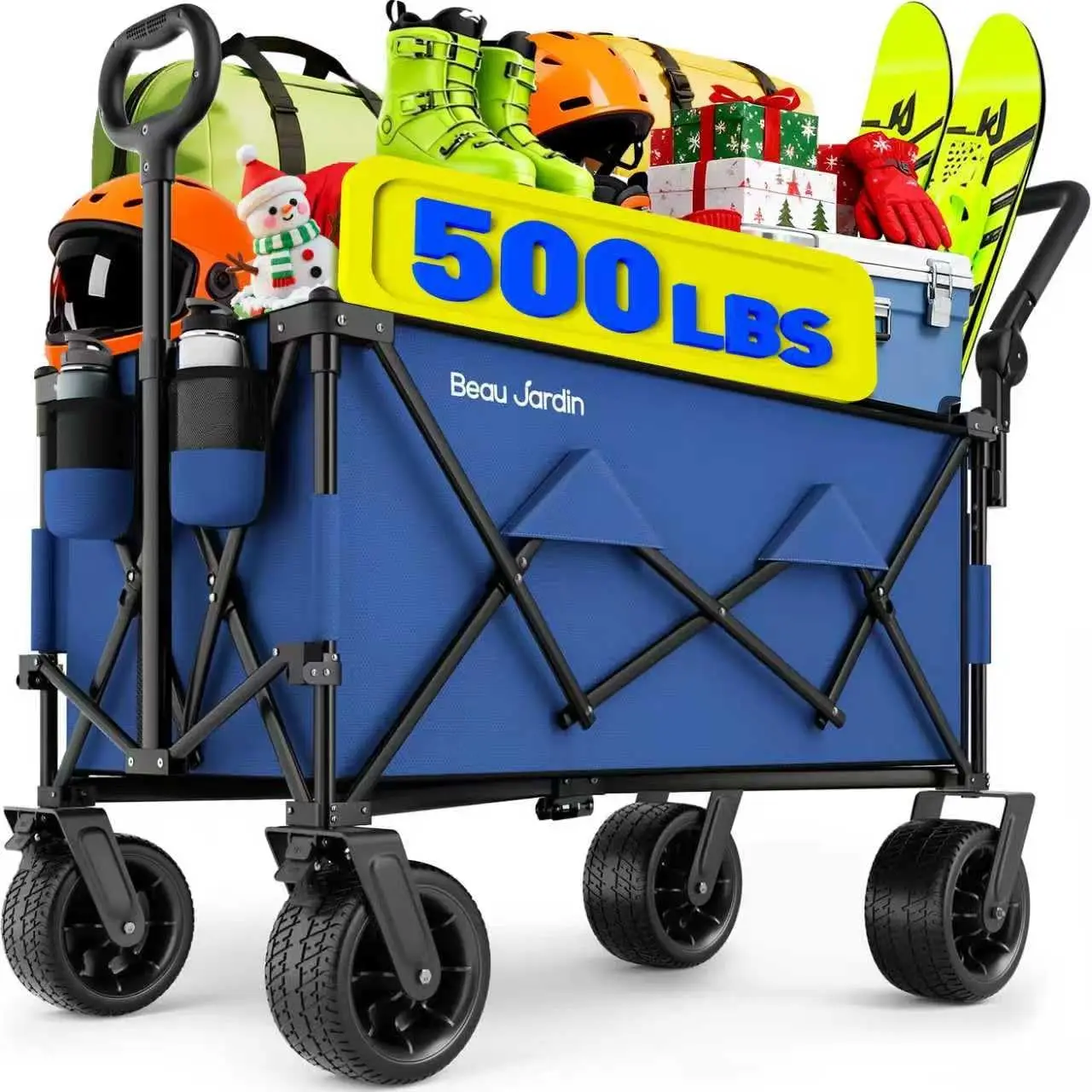 

Foldable All-Terrain Wagon Cart with Push-Pull Handles, 500 lbs Capacity, Blue - Ideal for Camping, Beach & Groceries