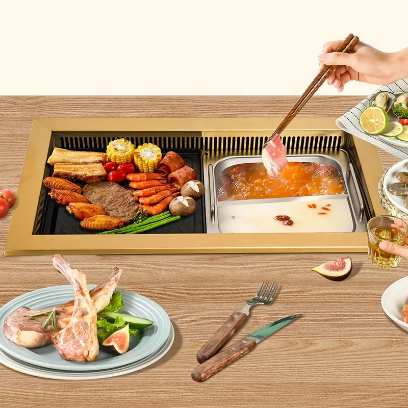 Korean BBQ Table Hot Pot Table Restaurant Smokeless Equipment Stainless Steel Smokeless Electric Hot Pot BBQ Grill