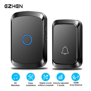 EZHEN 무선 초인종 홈 웰컴 스마트 문짝 벨, 차임 벨소리 구분, 미국 EU 플러그 옵션, 300M/984 FT 원격 60 곡